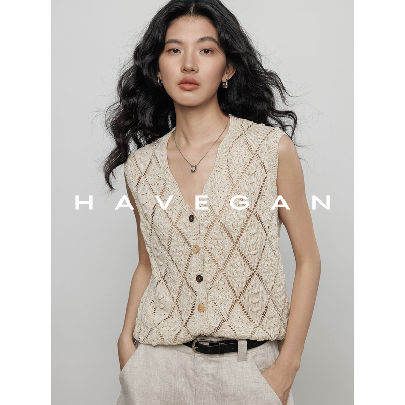 Havegan/Summer V-Neck Knitted Hollow-Out Vest for Women with Wool Blend, Stylish and Relaxed Top Havegan/Summer V-Neck Knitted Hollow-Out Vest for Women with Wool Blend, Stylish and Relaxed Top