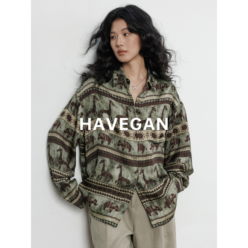 Havegan/Spring Vintage Print Design Long-Sleeve Shirt for Women, Old Money Style, Relaxed Casual Top
