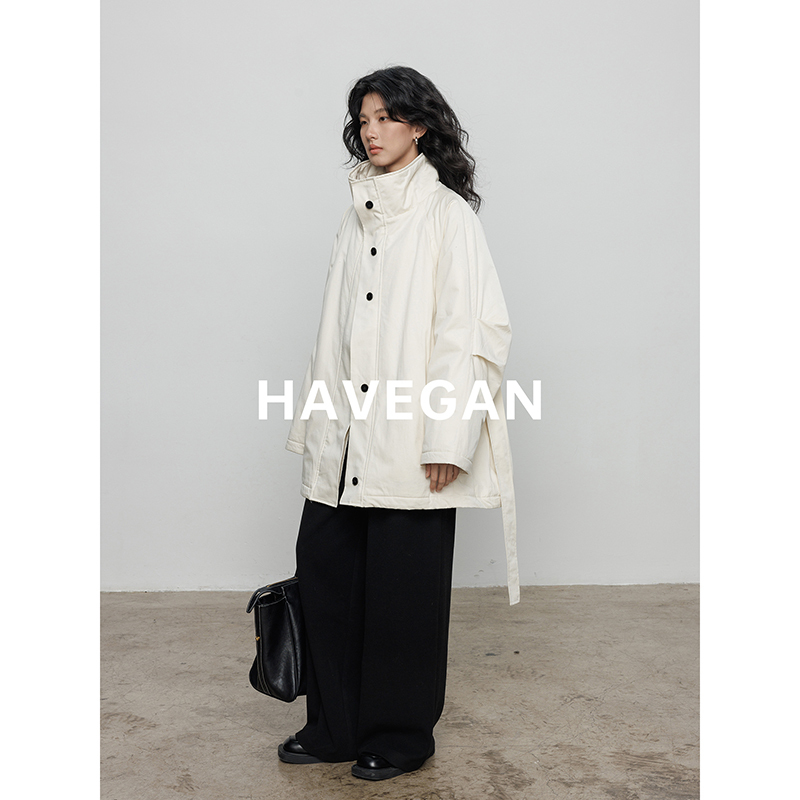 Havegan/Stand Collar Workwear Short Windbreaker down Jacket for Women, High-End Parka Casual Duck down Coat