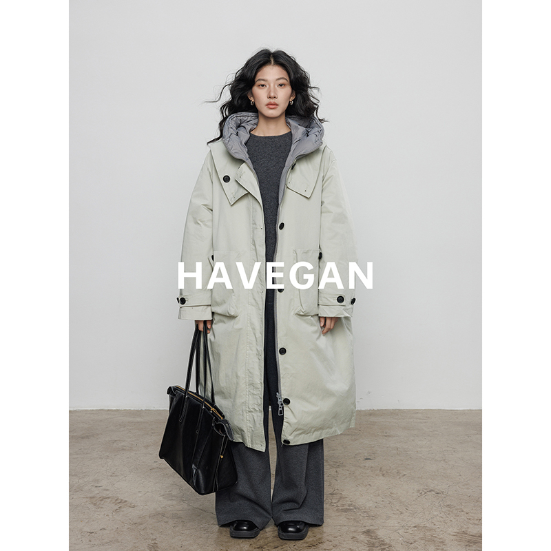 Havegan/Winter Hooded Long down Jacket for Women, Designer Trench Coat Style, Old Money Style Casual Outerwear