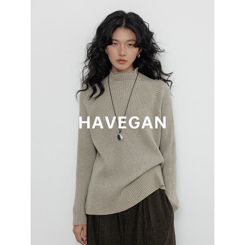 Havegan/Winter High-Neck Rolled-Edge Long-Sleeve Ribbed Knit Sweater for Women, Soft and Luxurious Old Money Style Sweater Top