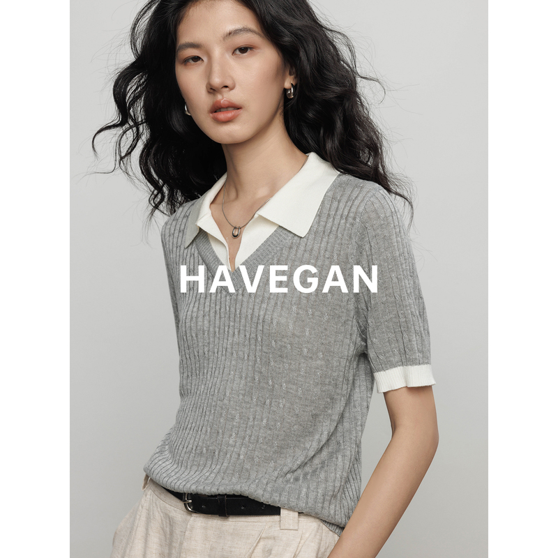 Havegan/Summer Lapel Collar Faux Two-Piece Knitted Sweater for Women 100% Lyocell Old Money Style Casual Top Havegan/Summer Lapel Collar Faux Two-Piece Knitted Sweater for Women 100% Lyocell Old Money Style Casual Top