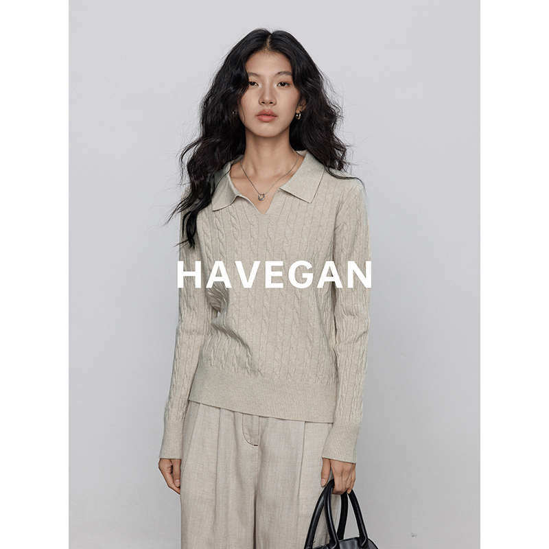 Havegan/Winter Polo Collar Long-Sleeve Cable Knit Sweater for Women 2026 New Style Old Money Top Havegan/Winter Polo Collar Long-Sleeve Cable Knit Sweater for Women 2026 New Style Old Money Top