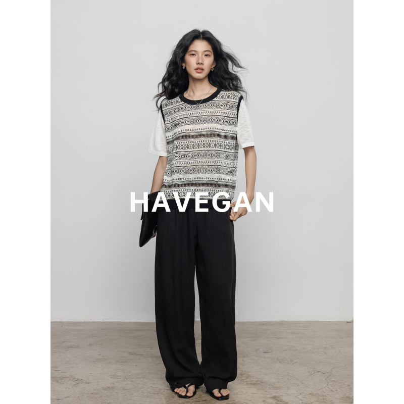 Havegan/Summer Black Tencel Ramie Casual Pants for Women, Old Money Style, Straight-Leg, Elegant Resort-Style Long Pants