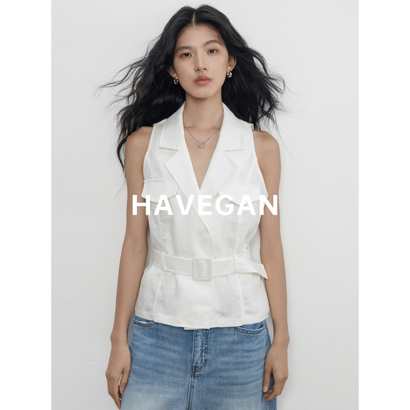 Havegan/Summer V-Neck 100% Linen White Workwear Vest Jacket for Women Old Money Style Top