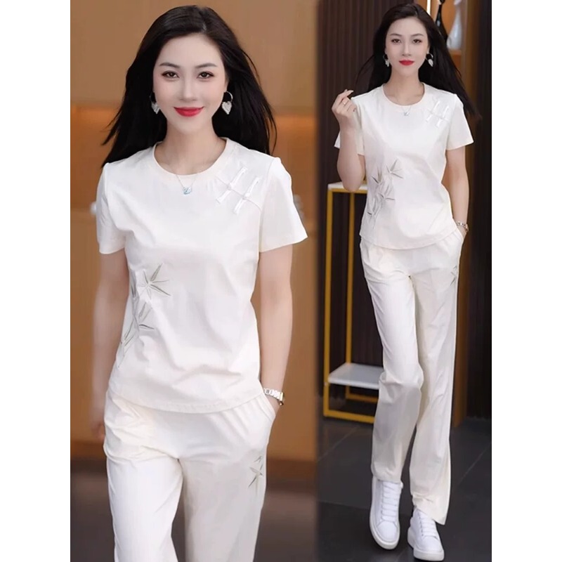 New Chinese-Style Casual Sports Suit for Women, Summer 2026 New Stylish Slim-Fit Short-Sleeve Wide-Leg Pants Two-Piece Set