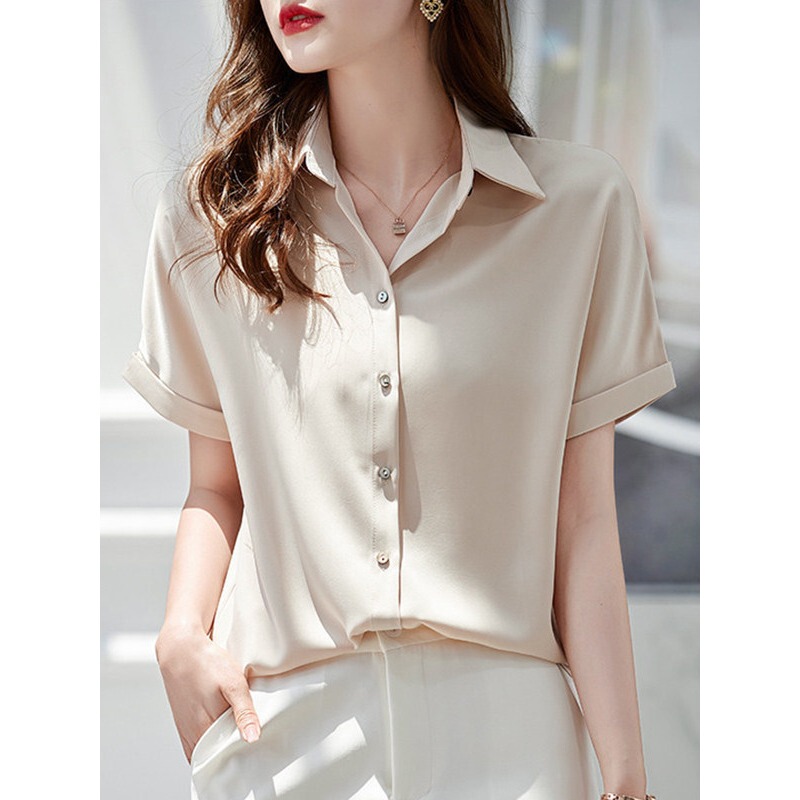 Silk Short-Sleeved Shirt for Women 2026 Summer New Style, Stylish and Slimming, Professional Formal Shirt, Elegant Blouse Top