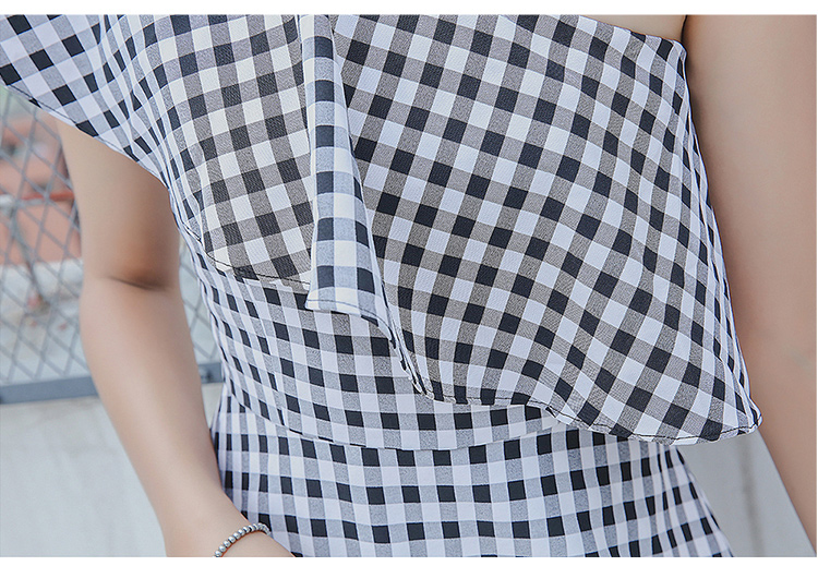 VK旗艦店 韓國風不規則斜肩露肩復古格子短袖洋裝