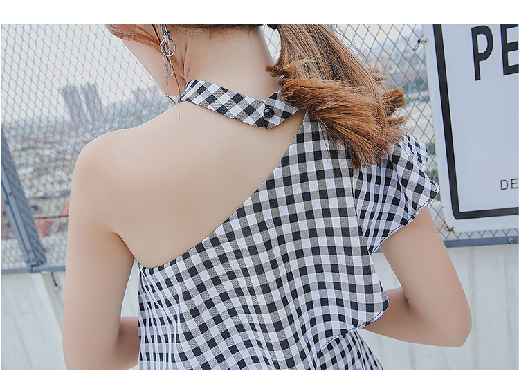 VK旗艦店 韓國風不規則斜肩露肩復古格子短袖洋裝