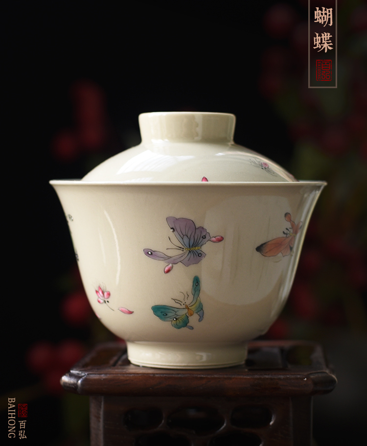 Hundred hong hand - made plant ash small tureen jingdezhen kung fu tea set new see cranes ceramic cups tea bowl