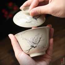 Baihong hand-painted ash small cover bowl Teacup Jingdezhen Kung Fu tea set New color fairy Crane ceramic tea bowl