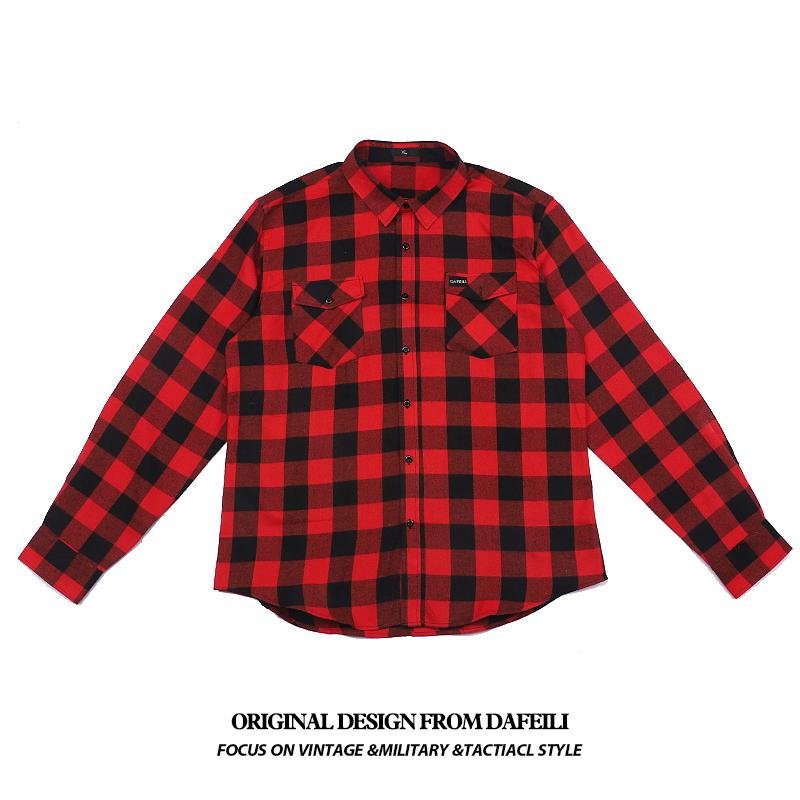 2025 New American Retro Red and Black Plaid Workwear Flannel Shirt Amekaji Shirt Men's Spring and Autumn Jacket