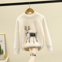 Girls sweaters mink velvet thickened Foreign style Large childrens pullover 170 childrens line clothes Girls knitwear tide