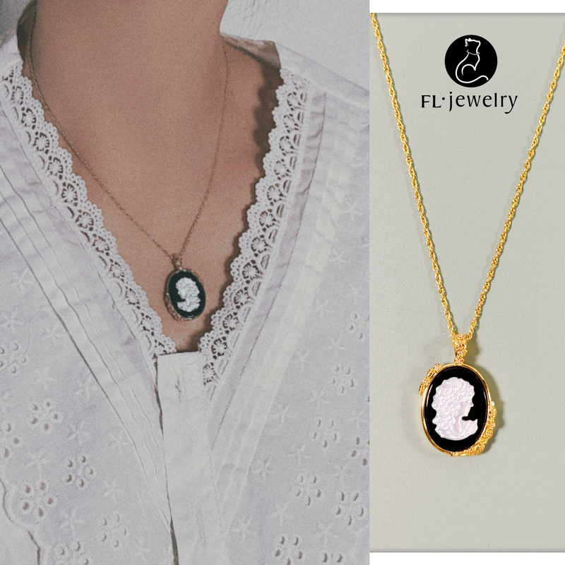 Fl·J Fine Craftsmanship 925 Sterling Silver Gold-Plated Inlaid Black Onyx Carved White Mother-Of-Pearl Photo Frame Cameo Pendant