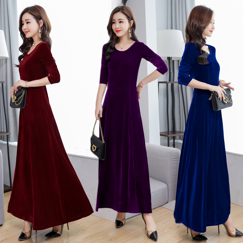Spring and Autumn New Velvet Dress Long-Sleeved Round Neck Slim Long Fashion Elegant Socialite Evening Dress Long Dress