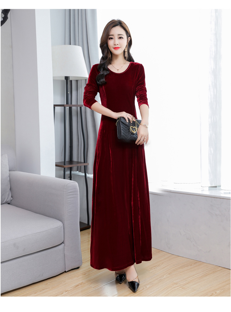 Mùa thu đông mới nhung vàng đầm nữ dài tay cổ tròn Slim dài thời trang khí chất nữ dạ hội váy dài váy dài đẹp