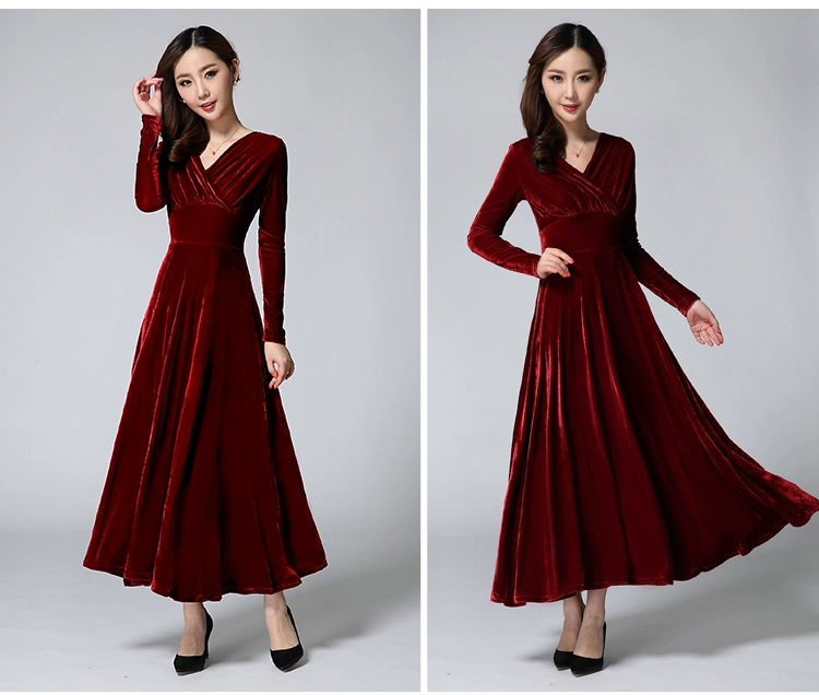 Mùa thu đông 2018 mới dày nhung vàng đầm dài đoạn Đầm dáng dài tay váy V-cổ váy dài nữ đầm len dài