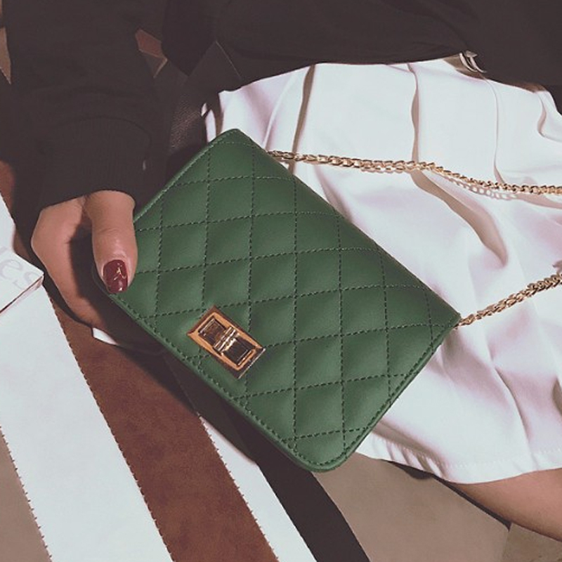 韩版2018新款锁扣女包菱格链条小香风小方包潮单肩斜跨小包包