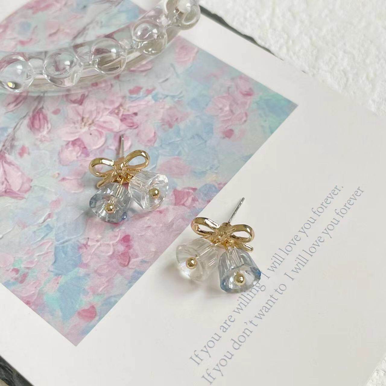 Glass crystal bell bow earrings (Pair pack)