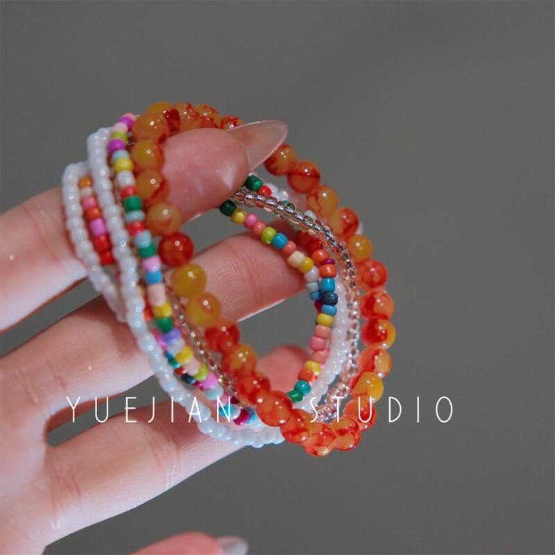 The Heat Wave of Summer ~ Colorful Beaded Bracelet Set for Women, Multi-Layered Stacked Bracelets, Elegant, Sweet and Fresh Jewelry