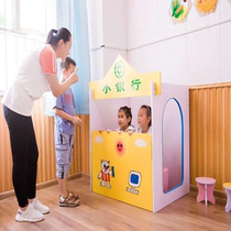 Kindergarten doll house wooden play house childrens play area role-playing toy house small house in morning classroom