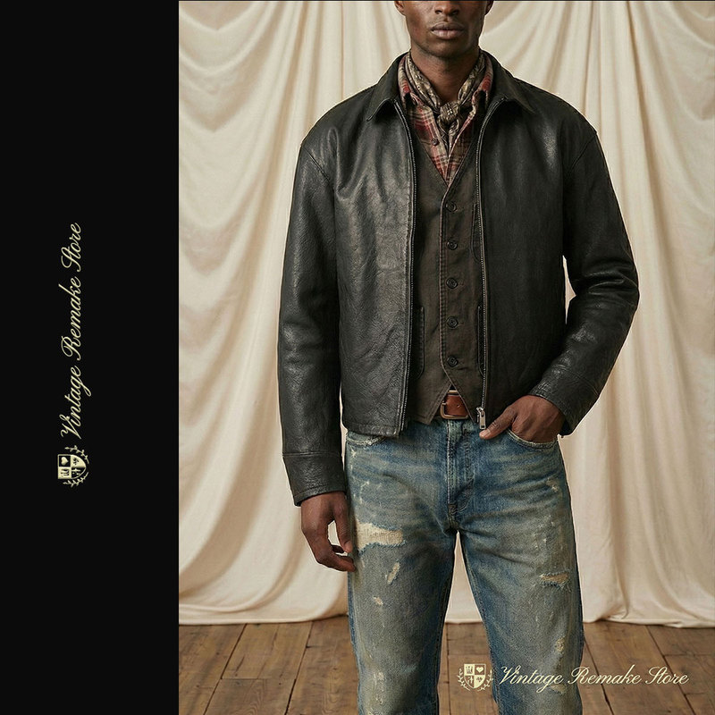 Vintage Remake Store Retro Washed Men's Turn-Down Collar Horsehide Motorcycle Jacket Versatile Outerwear Leather Jacket