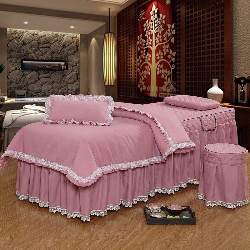 . Giường màu xám bao gồm bốn bộ thẩm mỹ viện cotton châu Âu kiểu váy massage nóng 4 bộ chăn ga gối gia đình - Trang bị tấm ga giường spa giá rẻ