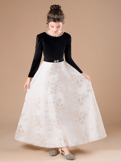 女童小提琴钢琴表演出赫本风礼服中大童主持人秋冬丝绒长袖公主裙