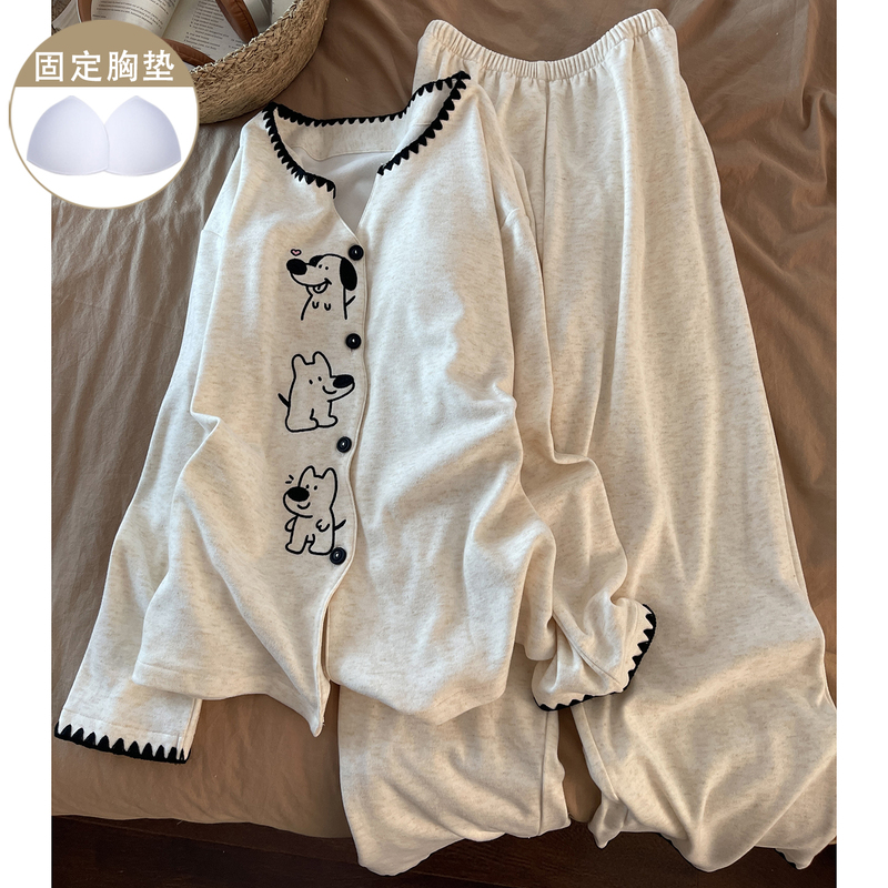 Pajamas for Women in Winter with Breast Pads, Imitation Cashmere Round Neck Cardigan, Korean Style Casual, Loose, Comfortable and Warm Home Wear Set Pajamas for Women in Winter with Breast Pads, Imitation Cashmere Round Neck Cardigan, Korean Style Casual, Loose, Comfortable and Warm Home Wear Set