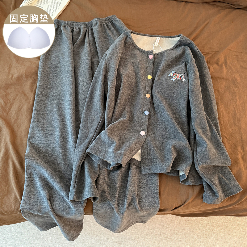 Women's Winter Pajamas with Chest Pads, Thermal Velvet Cardigan, Gray Round Neck, Long Sleeves, Long Pants, Pure Cotton Loungewear Set Women's Winter Pajamas with Chest Pads, Thermal Velvet Cardigan, Gray Round Neck, Long Sleeves, Long Pants, Pure Cotton Loungewear Set