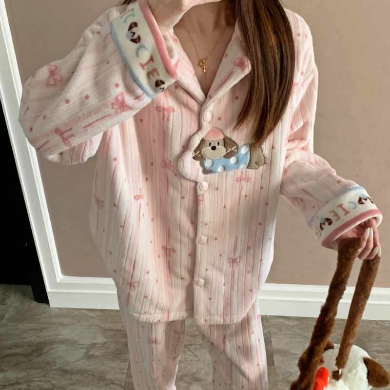 Cute Bow-Knot Puppy Pajamas for Women, New Winter Fleece-Lined Thickened Flannel Warm Cardigan Home Wear Set Cute Bow-Knot Puppy Pajamas for Women, New Winter Fleece-Lined Thickened Flannel Warm Cardigan Home Wear Set