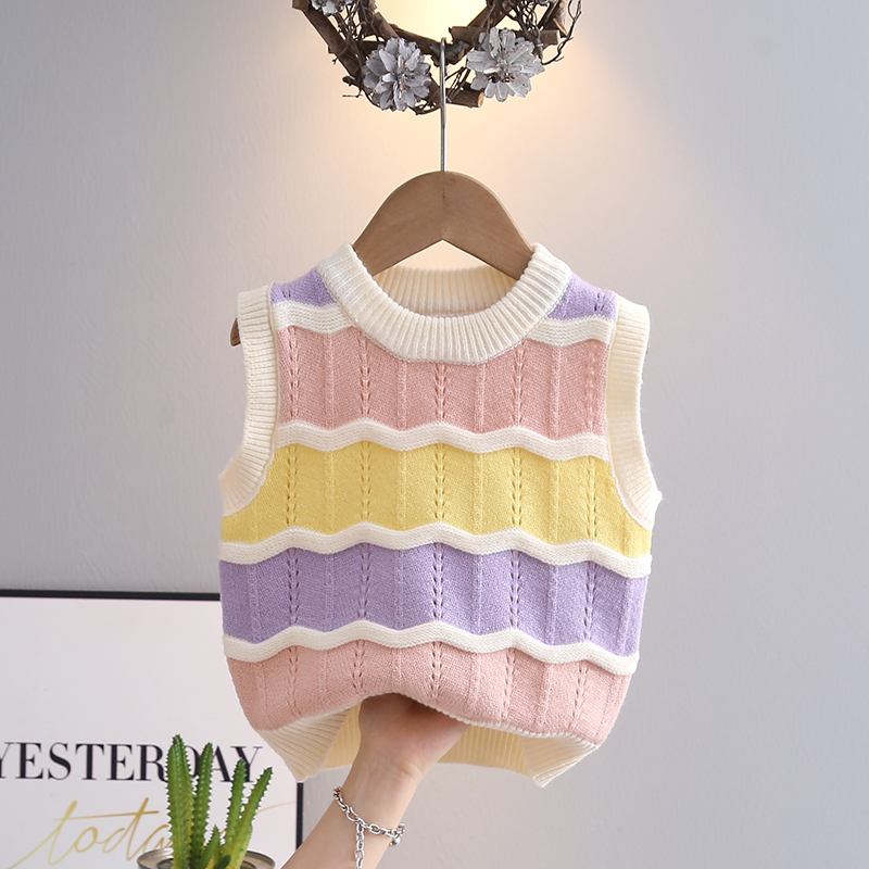 New Korean Style Unique Niche Colorful Striped Vest for Girls, Korean Style Versatile Comfortable Knitted Outerwear Vest