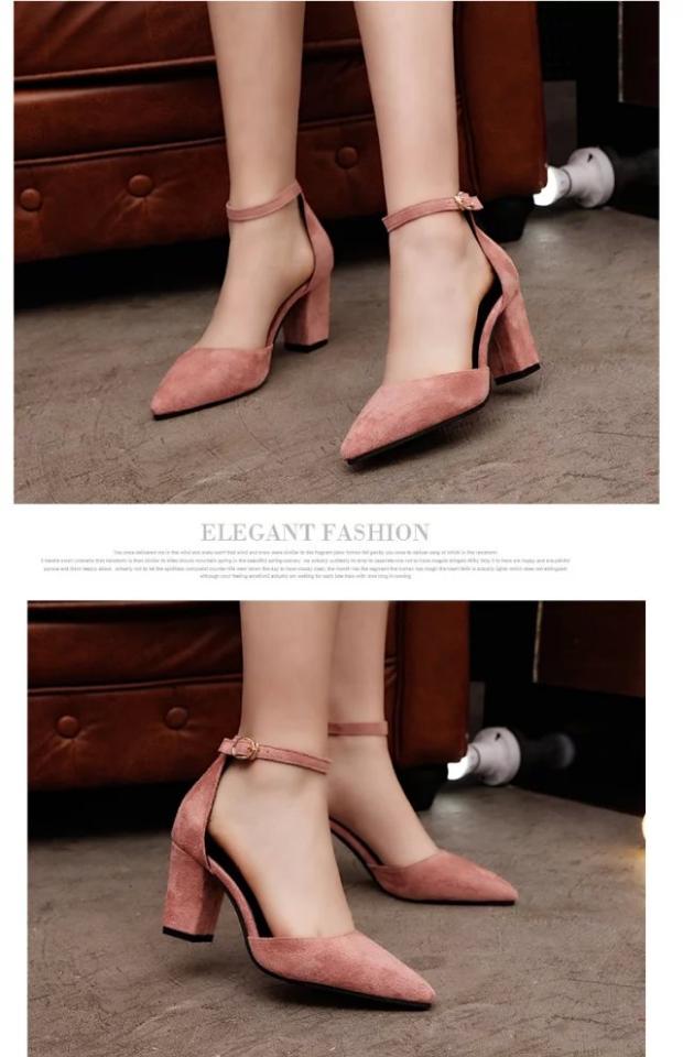 Mùa xuân và mùa thu Hàn Quốc của sandal mũi nhọn da lộn Baotou với giày cao gót có khóa rỗng với đế dày với giày đơn nữ mùa hè dép sandal nữ