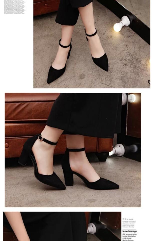 Mùa xuân và mùa thu Hàn Quốc của sandal mũi nhọn da lộn Baotou với giày cao gót có khóa rỗng với đế dày với giày đơn nữ mùa hè dép sandal nữ