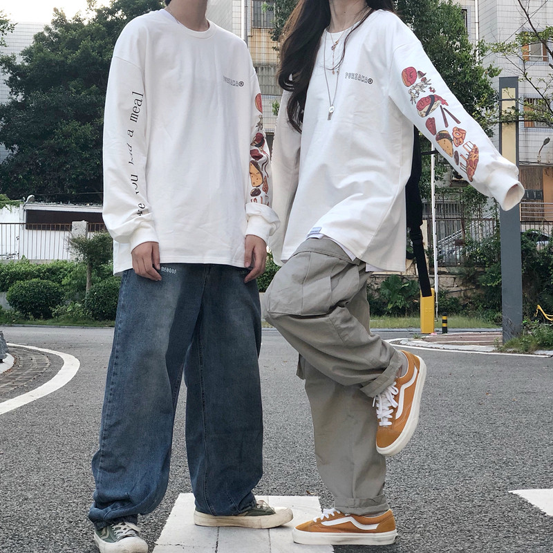 Puniama Day Ensemble Retro Tide Card Fun Printed Thin cotton T male and female lovers 100 hitch casual long sleeve T-shirt