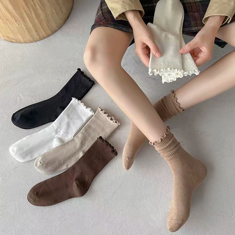 袜子女中筒袜纯棉秋冬木耳边堆堆袜白色花边春夏长袜百搭乐福鞋潮