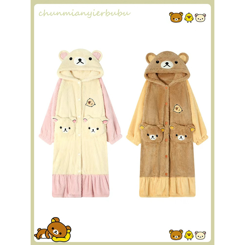 Rilakkuma Coral Fleece Couple Pajamas for Women, Autumn and Winter Style, Fleece-Lined and Thickened, Winter Robe for Men, Cute Loungewear