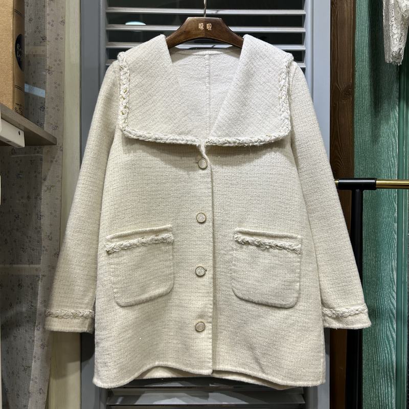 Hr6011 Korean Style Fashionable Loose Navy Collar Pocket Mid-Length Double-Sided Cashmere Coat for Women Autumn and Winter New Product