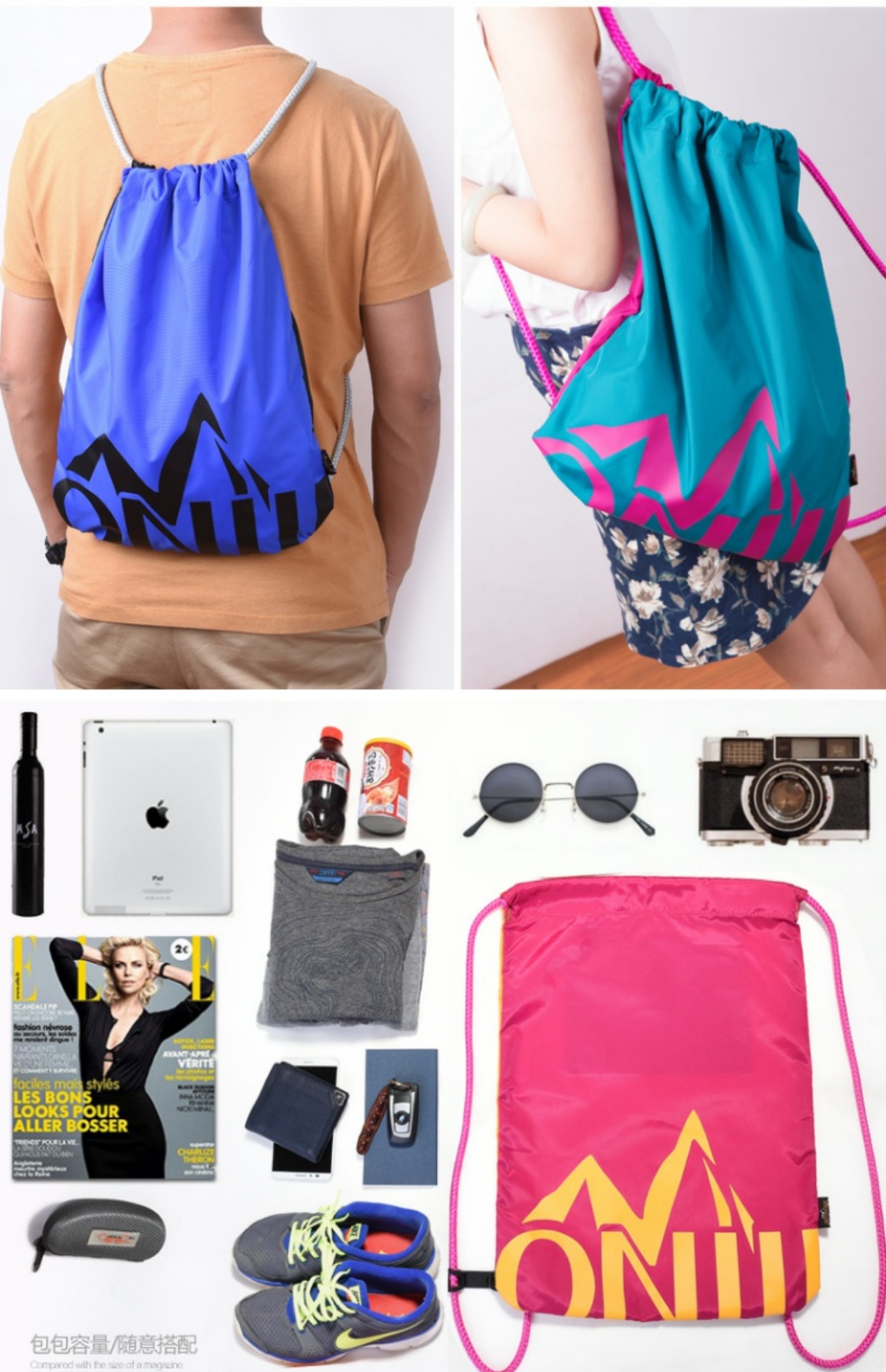 Aonijie Drawopes Ba lô Bundle Pocket Nam và nữ nhẹ ba lô sinh viên thể thao túi yoga tập thể dục lưu trữ túi balo hàng hiệu