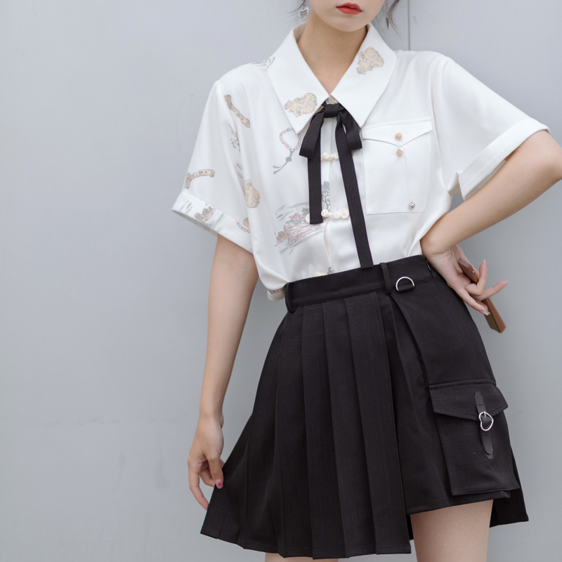 Chuandai Time: Antiquities Supplements Guochao Sweet Cool Skirt Suit Short Sleeve Printed Shirt Irregular Short Skirt