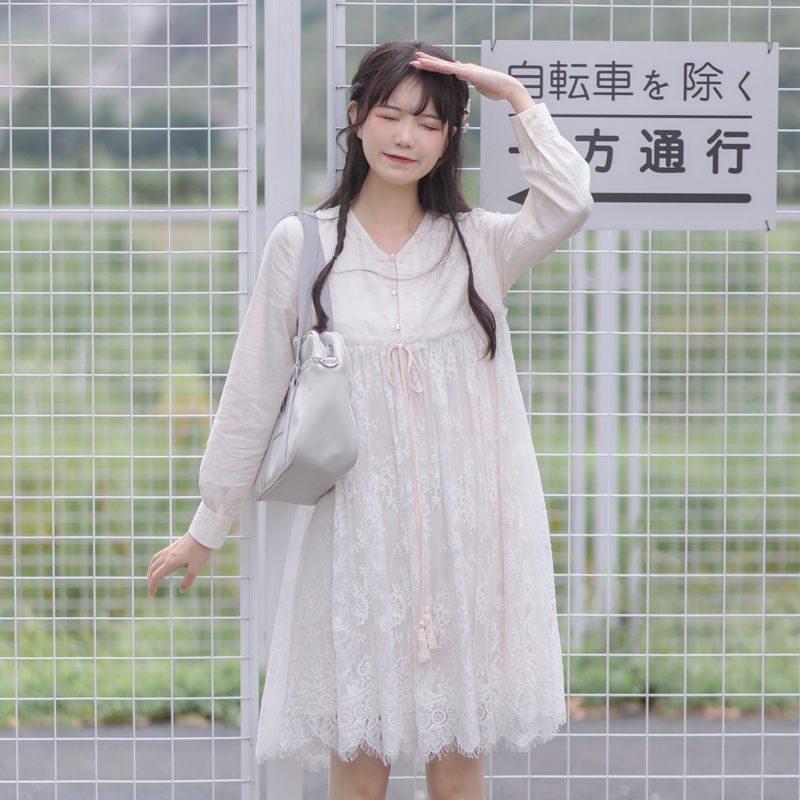 Chuandai time: Angelica original design Mori national style lace dress early autumn long-sleeved mid-length skirt