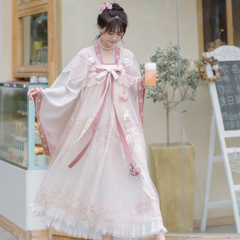 Kaudai Time: Peach Xiaoxiang Han Element Set Southern North to the large sleeve mesh gauze hanging dress