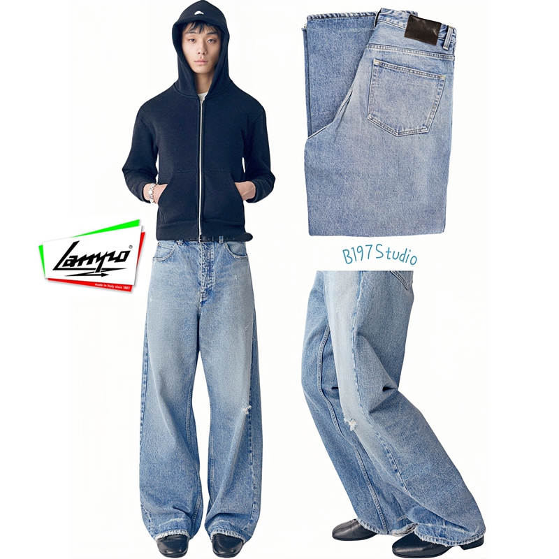 Vujade010-Steve2 Ripped Washed Jeans New Light Blue Straight Loose Distressed Versatile Long Pants Vujade010-Steve2 Ripped Washed Jeans New Light Blue Straight Loose Distressed Versatile Long Pants