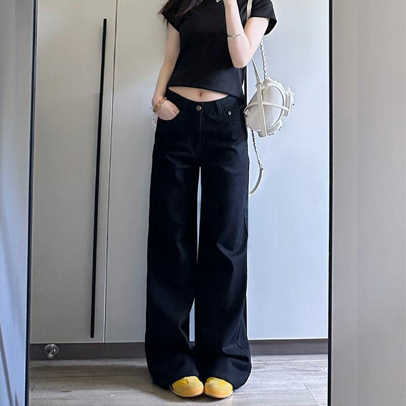Black Straight-Leg Jeans for Women, Spring American Retro High-Waisted Loose Slimming Petite Versatile Narrow Wide-Leg Pants