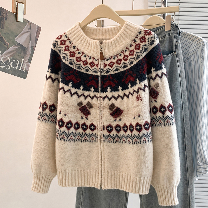 Fair Isle Jacquard Retro Sweater Cardigan for Women, Autumn and Winter, Plus Size, Soft and Cozy Lazy Style Knit Top Fair Isle Jacquard Retro Sweater Cardigan for Women, Autumn and Winter, Plus Size, Soft and Cozy Lazy Style Knit Top