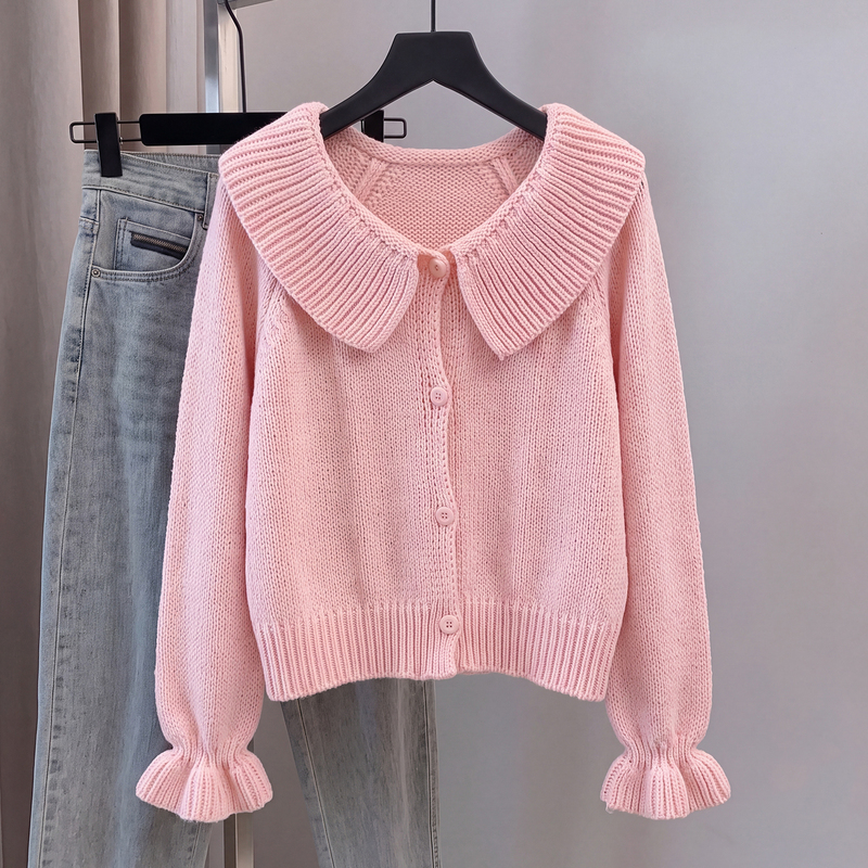 Pink Turn-Down Collar Long-Sleeve Knit Cardigan for Women, Autumn Plus-Size, Flattering and Super Stylish, Soft and Cozy Sweater Coat