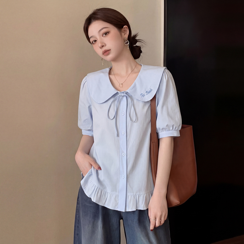 Blue Doll Collar Short-Sleeve Shirt for Women, Summer Plus Size, Flattering for Curvy Figures, Tummy-Concealing, Age-Reducing, Ruffled Blouse Top