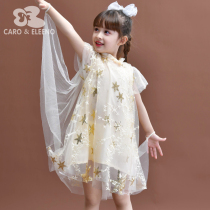 Girls summer dress 2021 new children Foreign style short sleeve mesh gauze princess dress Summer Girl gold dress