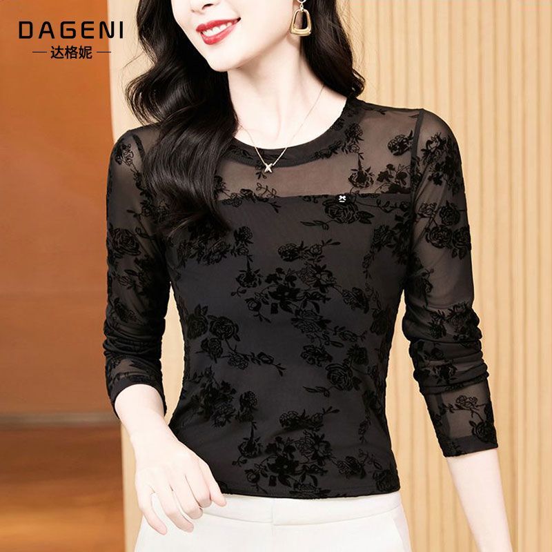 Round Neck Flocked Mesh Long-Sleeved T-Shirt for Women, 2026 Spring and Autumn New Lace Base Shirt, Feminine Top