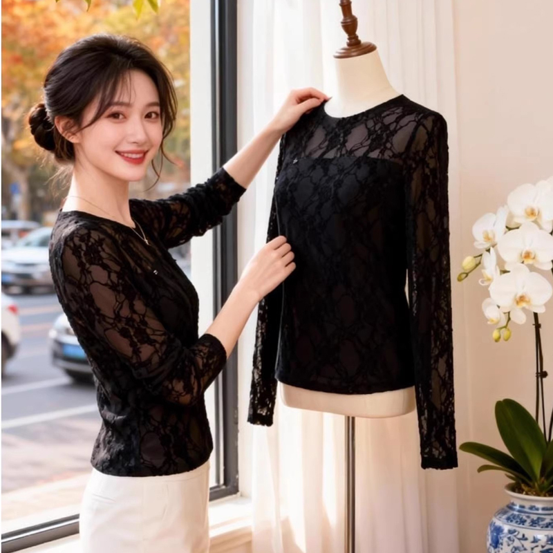 Round Neck Mesh Base Shirt for Women, 2026 Spring and Autumn New Style, Velvet Lace Long-Sleeve T-Shirt Top, Stylish Blouse